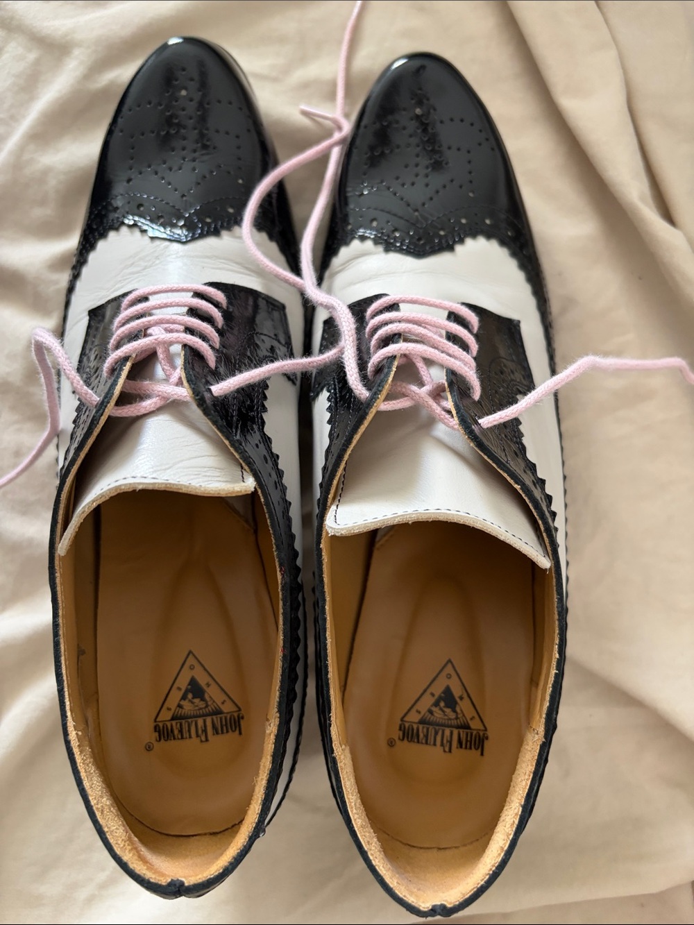 John Fluevog Black & White Wingtip Oxfords with Pink Laces